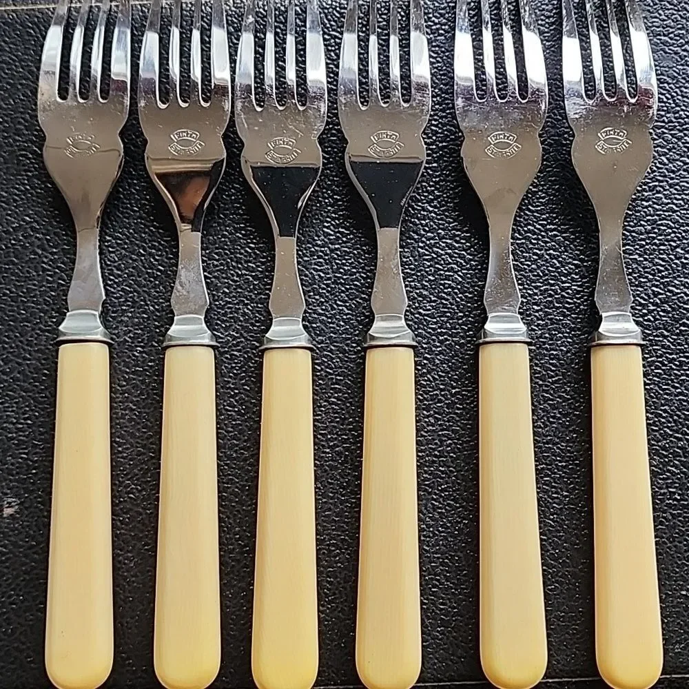 Vtg Faux Ivory Handles Original Box Fish Knives/Forks Set